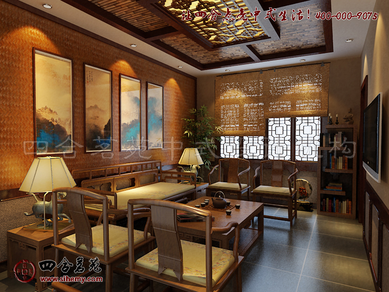 竹席掛鏈四扇屏點染禪意藝術體驗 茶樓古典裝修設計室內配飾